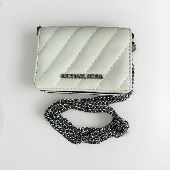 Michael Kors Mini Purse White Leather Chain Bag Quilted Prom Wedding Coin MK - Picture 8 of 16